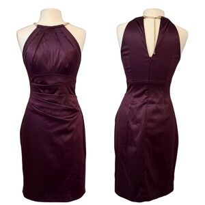 Eliza J Sz 6 Sheath Dress Deep Purple Satin Above Knee Halter Neck with Pleating